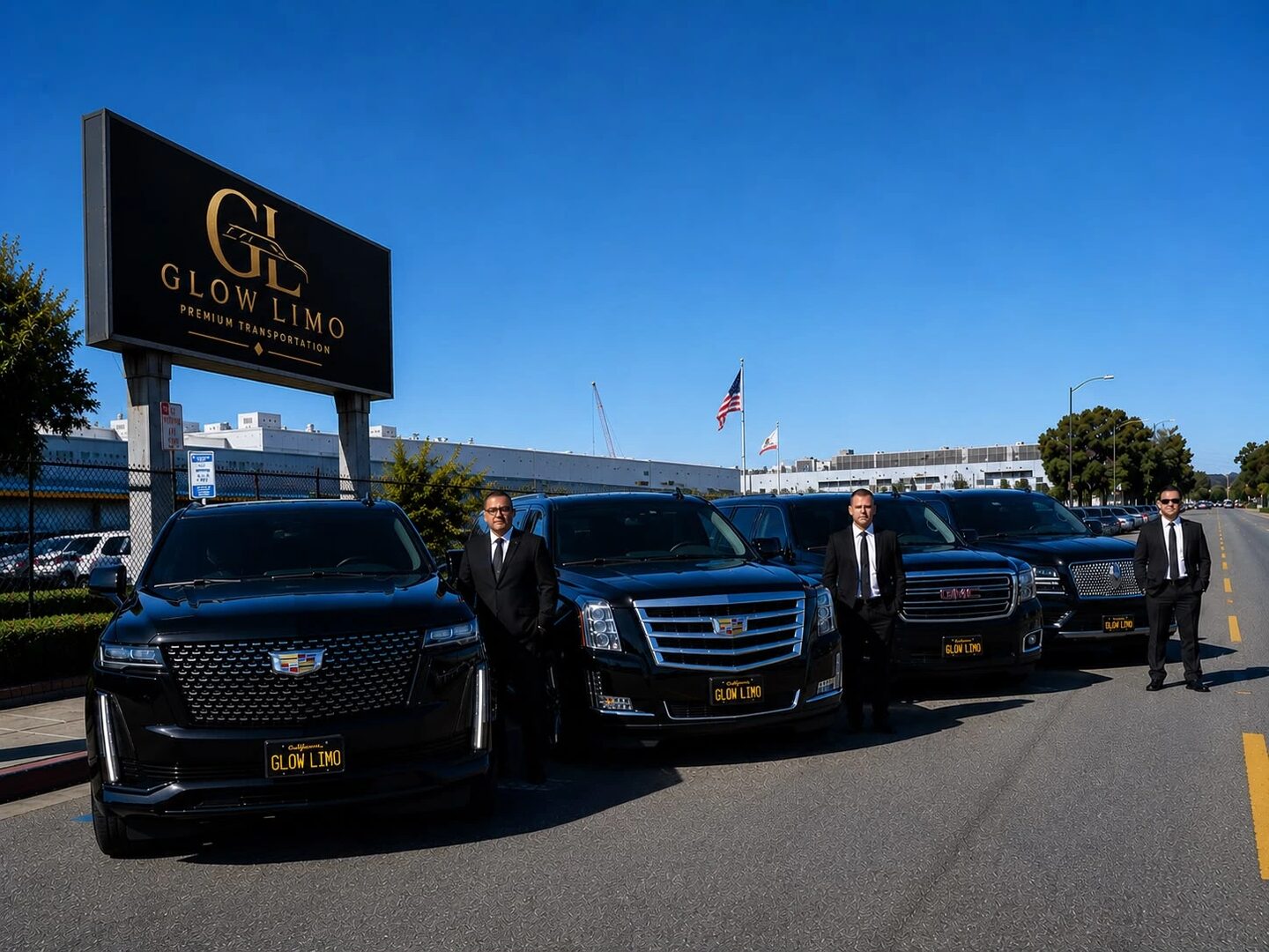GlowLimo chauffeurs standing beside the company fleet of black SUVs, lined up under the GlowLimo sign on a clear day