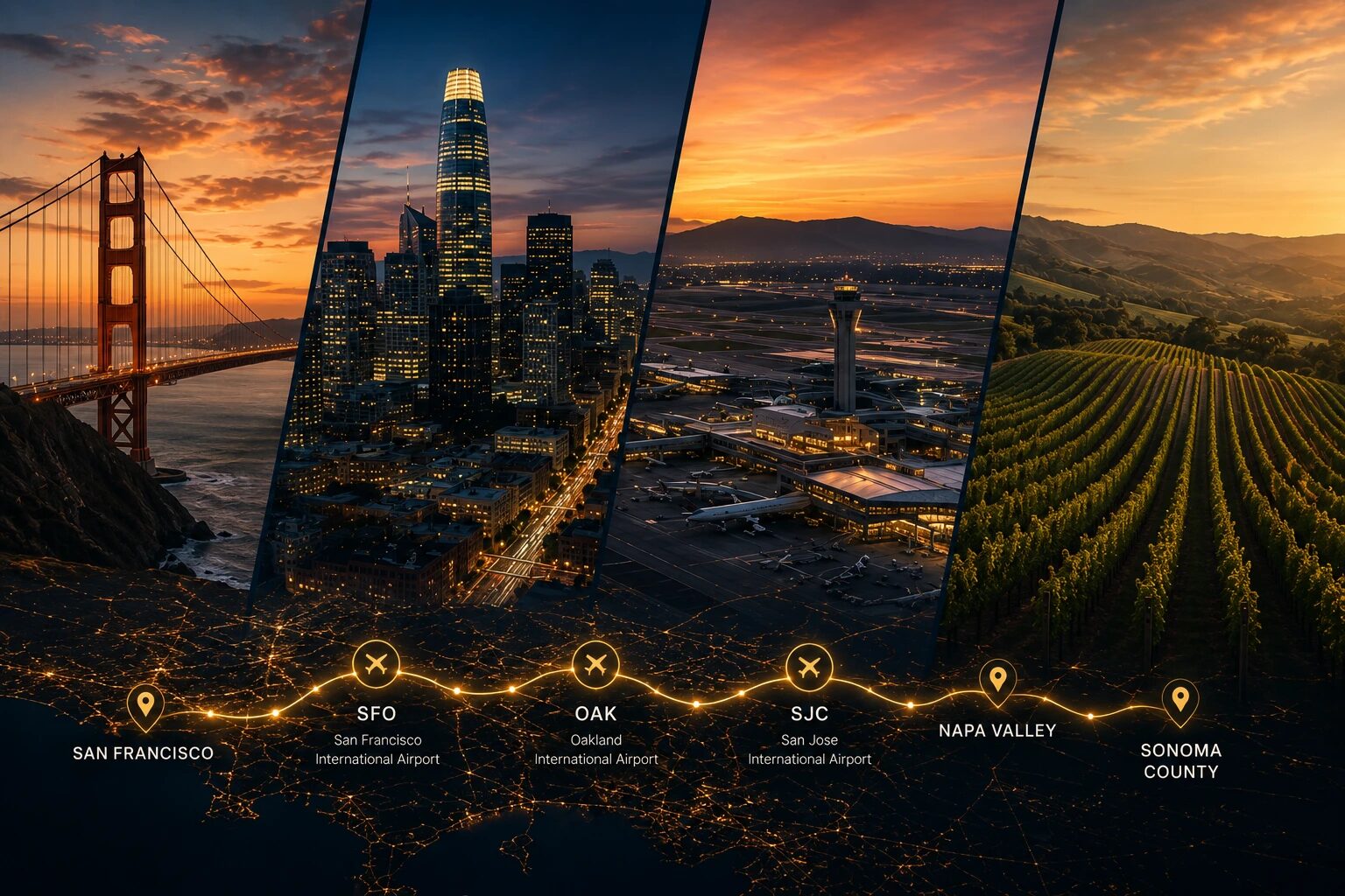 The Bay Area GlowLimo serves — the Golden Gate Bridge, the San Francisco skyline at dusk, an international airport terminal and the vineyards of Napa and Sonoma, above a route map linking San Francisco, SFO, OAK, SJC, Napa Valley and Sonoma County