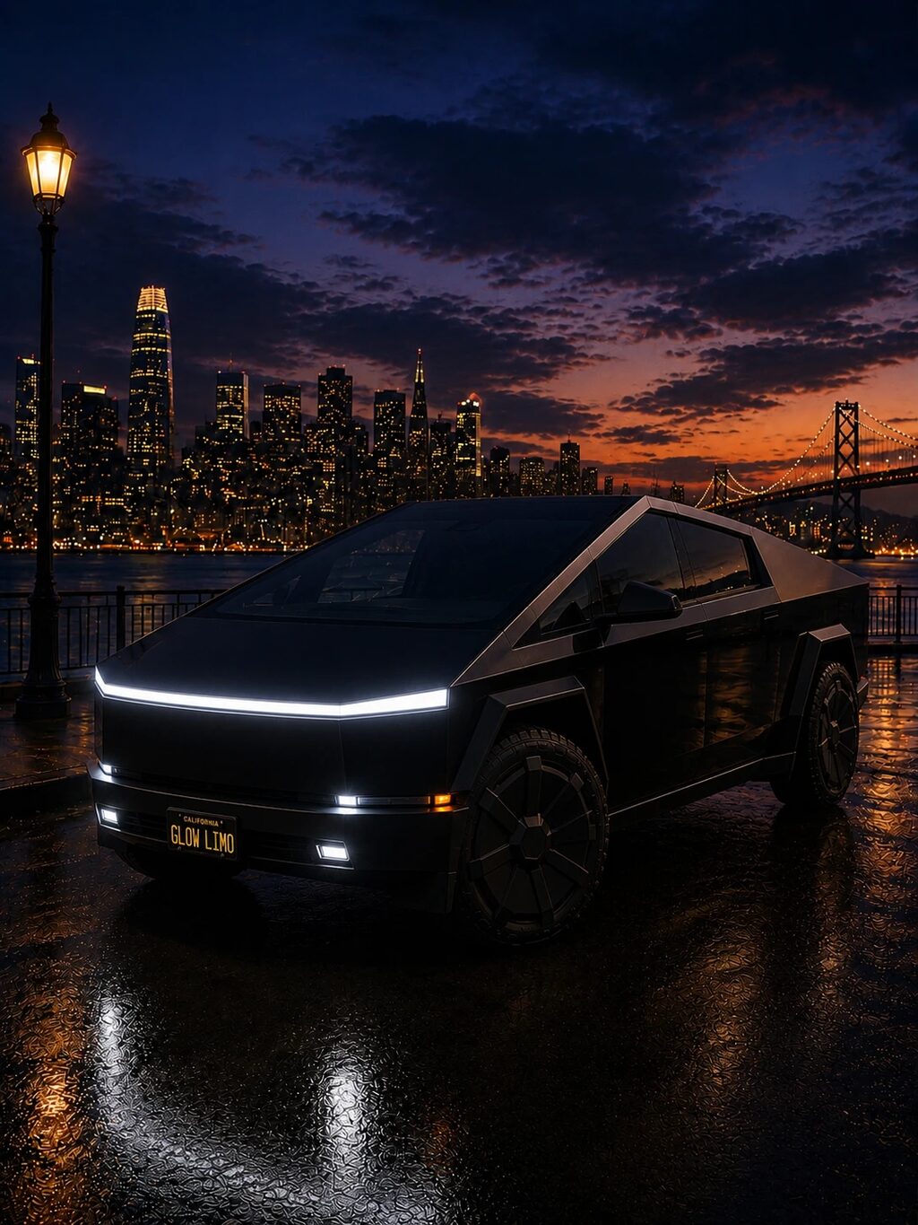 Black angular electric luxury vehicle on the rain-slicked San Francisco waterfront at dusk, city skyline and Bay Bridge behind