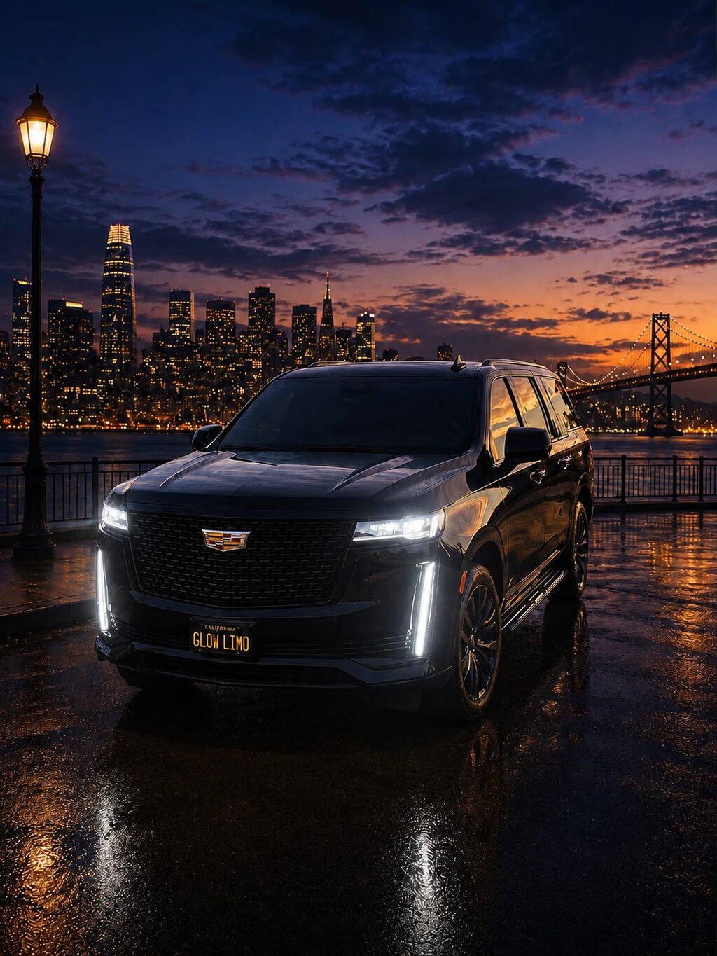 Black full-size luxury SUV on the rain-slicked San Francisco waterfront at dusk, city skyline and Bay Bridge behind