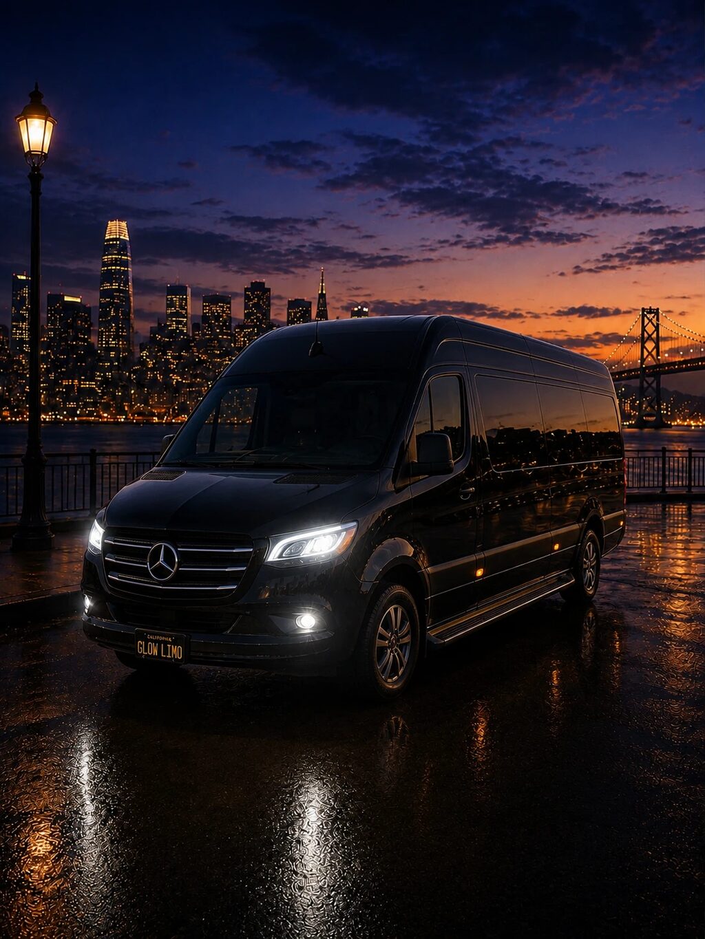 Black high-roof executive passenger van on the rain-slicked San Francisco waterfront at dusk, city skyline and Bay Bridge behind